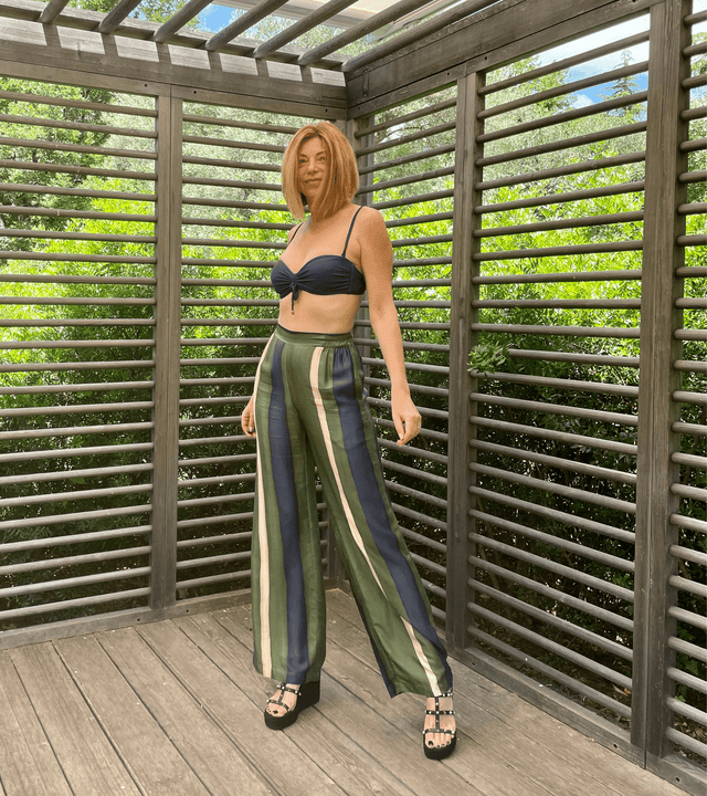 Cayman Wide-Legged Silk Pants | Forest Stripe - pants - CRUZ&PEPITA