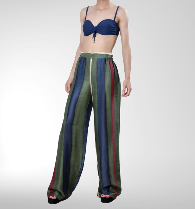 Cayman Wide-Legged Silk Pants | Forest Stripe - pants - CRUZ&PEPITA